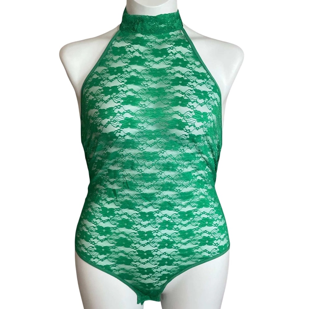 Frederick's of Hollywood Margarita Green Lace Halter Teddy Bodysuit Snap S